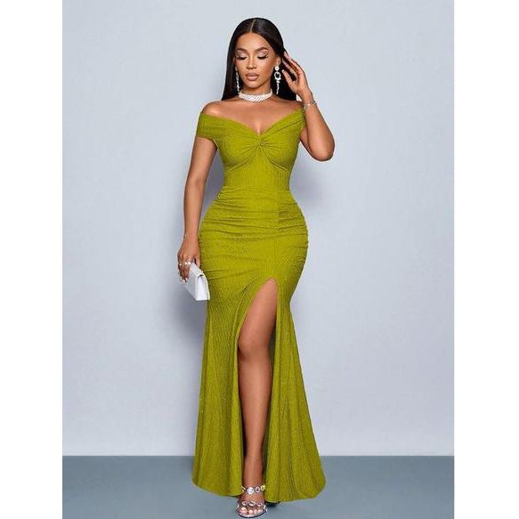 Plain Color Off Shoulder Twist Ruched Slit To Thigh Elegant Dress
