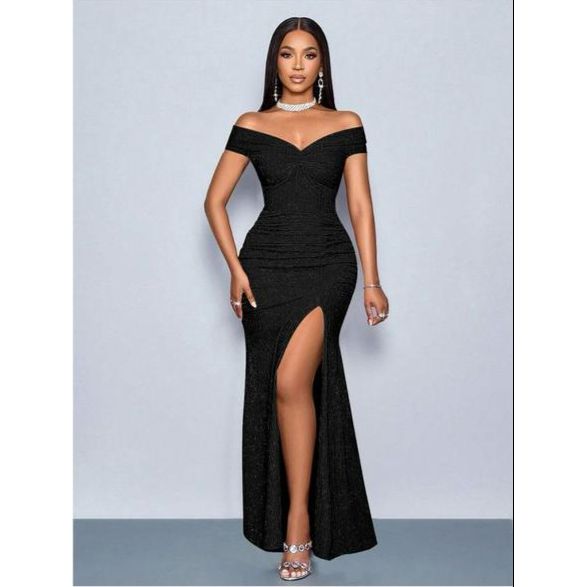 Plain Color Off Shoulder Twist Ruched Slit To Thigh Elegant Dress