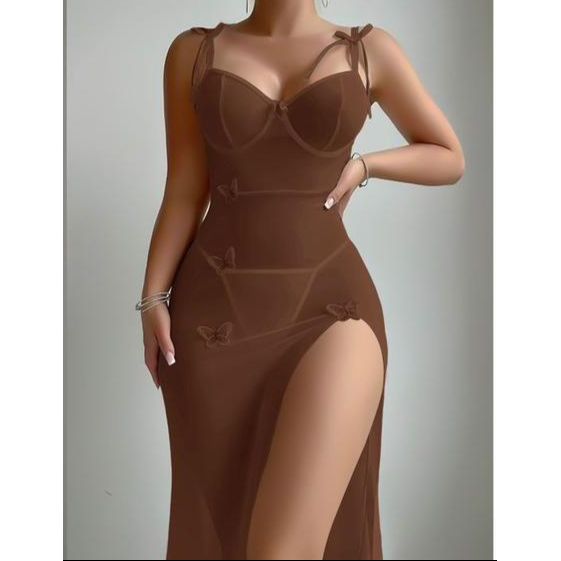 Split Leg  Underwear with Thong Maxi Lingerie Dress  2 Piece Set