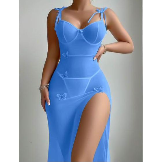 Split Leg  Underwear with Thong Maxi Lingerie Dress  2 Piece Set