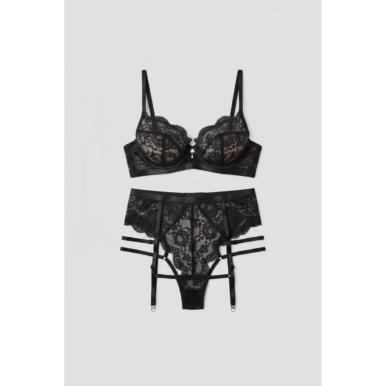 Floral Lace Underwire Garter Lingerie Set
