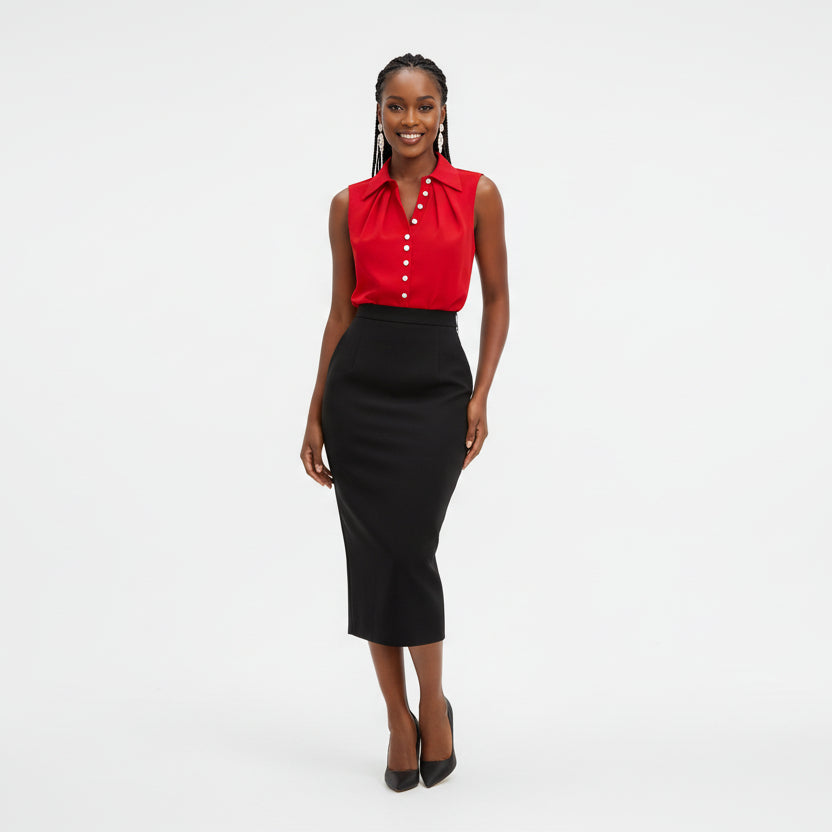 Plain Colour Button Detail Sleeveless Blouse