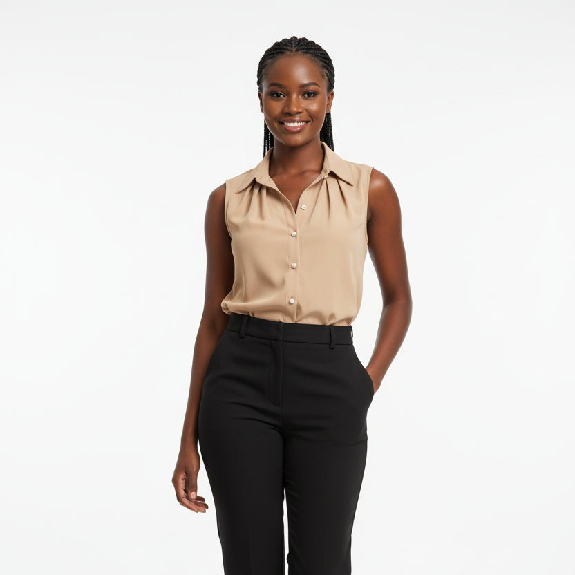 Plain Colour Button Detail Sleeveless Blouse