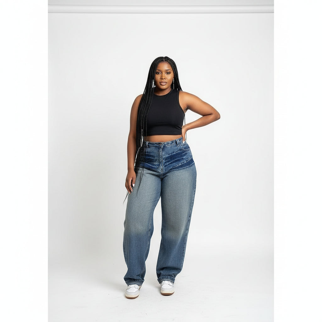 Ladies' Washed Loose Fit Straight Leg Jeans With Slanted Pocket