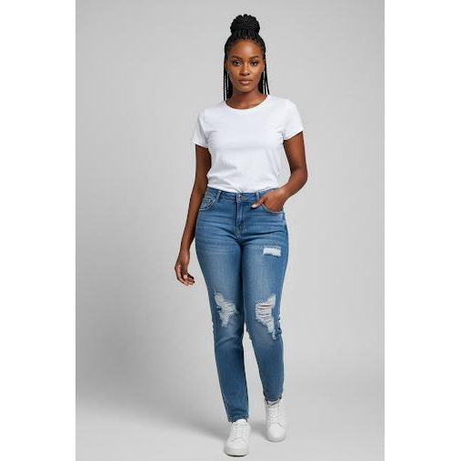Ladies Slit Knee Mid Blue Skinny Denim Jean