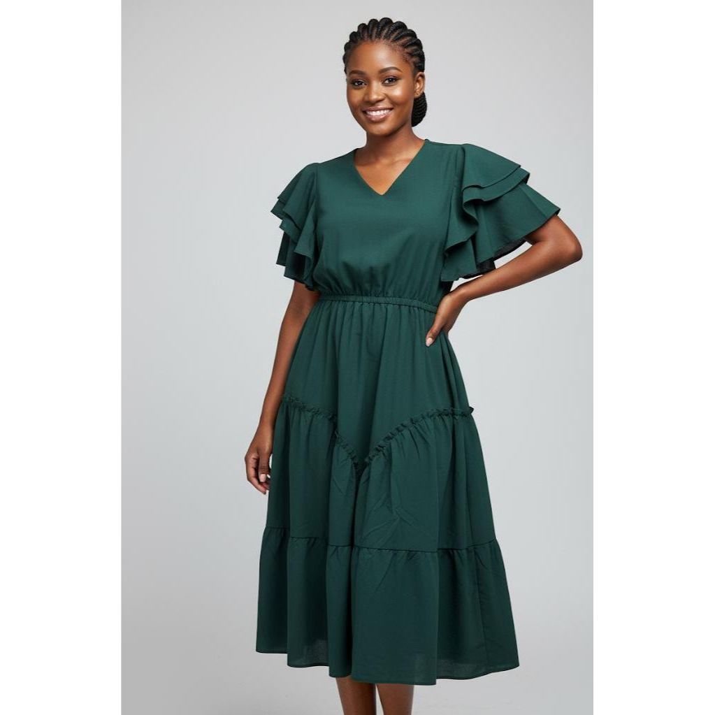 Flowervelly self designed flutter sleeve georgette wrap Midi Dress