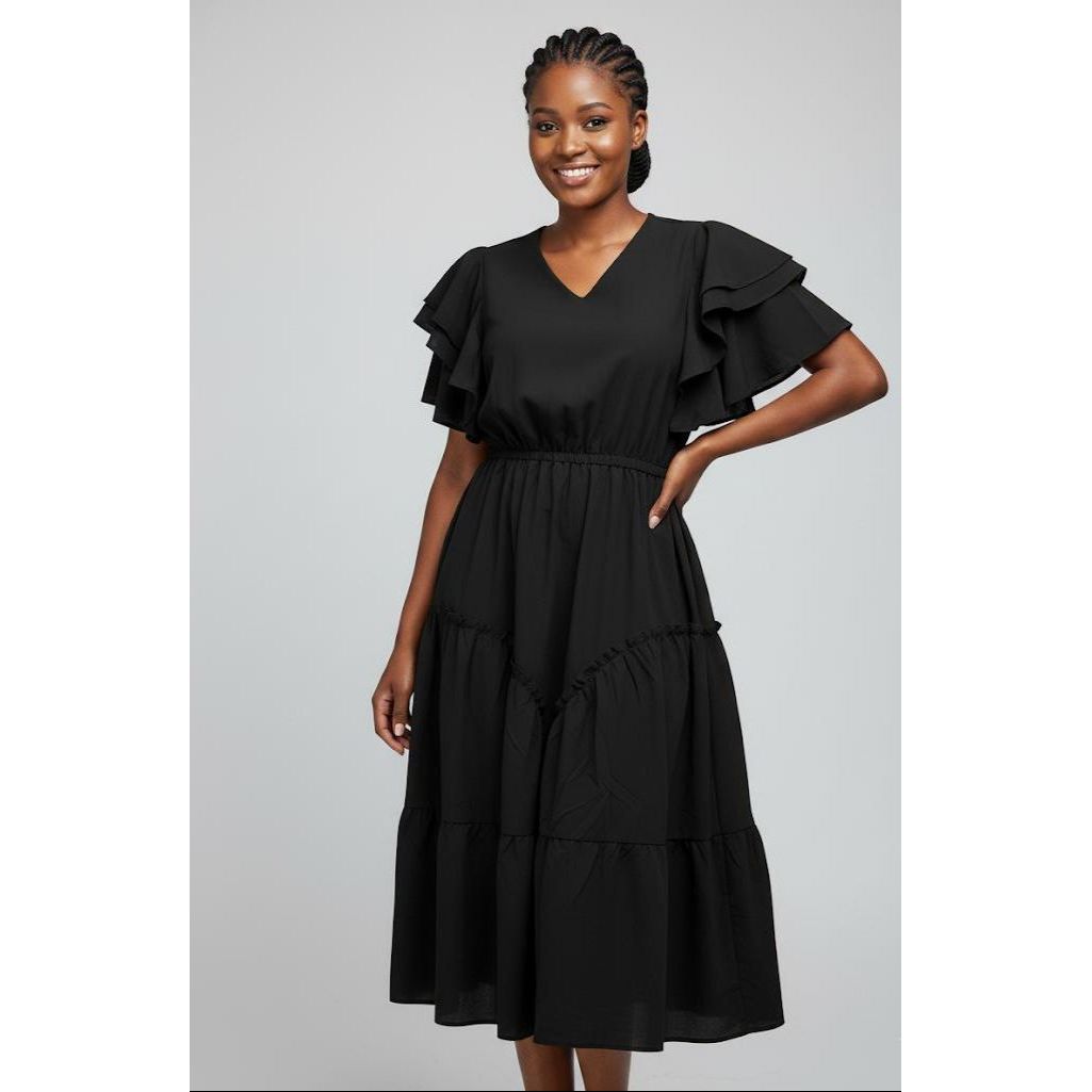 Flowervelly self designed flutter sleeve georgette wrap Midi Dress