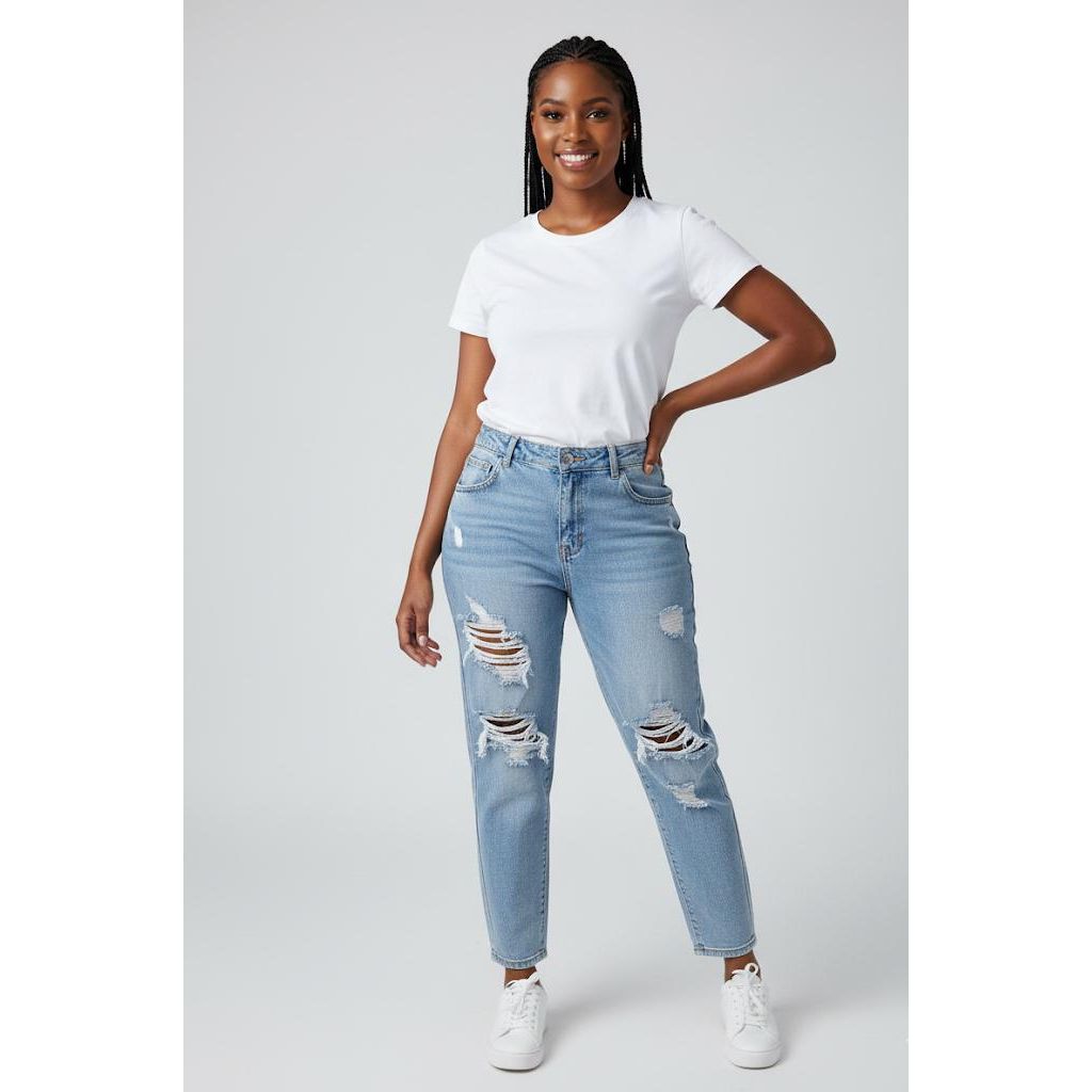 High Waist Ripped Mom Fit Jeans