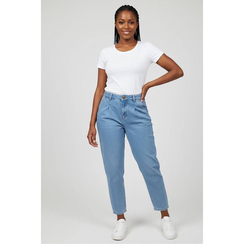 Straight Leg with Inverted Pleats Light Blue Denim Jean