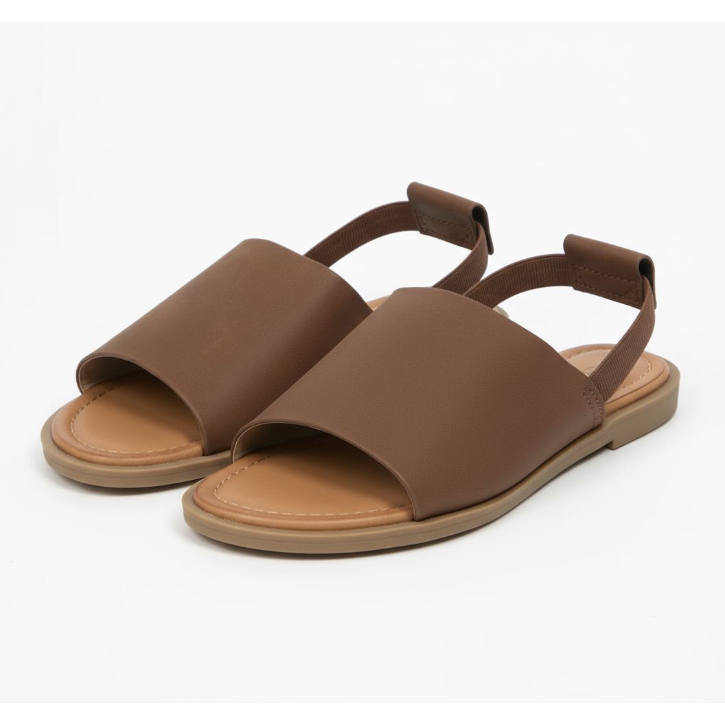 Four pairs of sandals in different colors on a white background