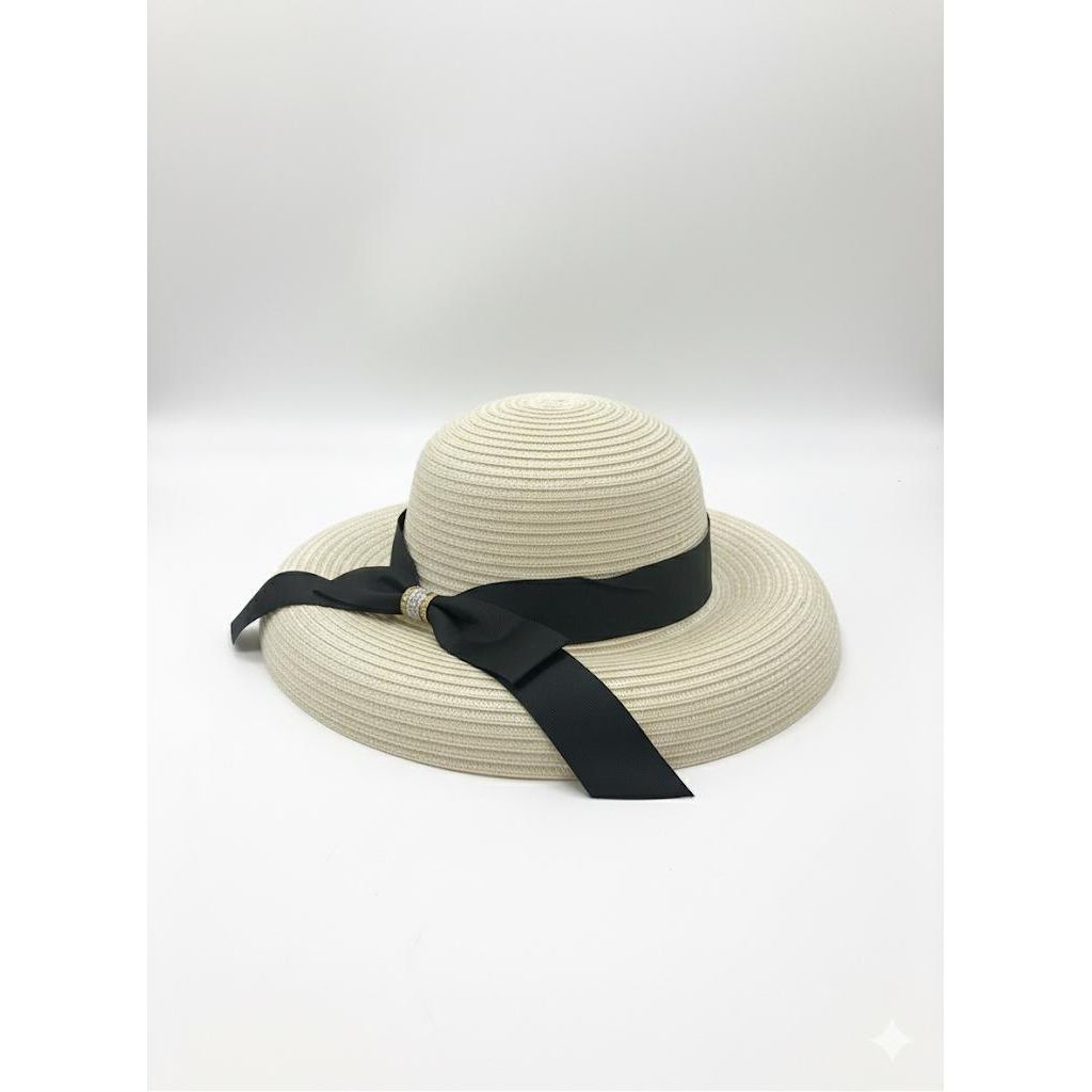 Wide Straw Black Ribbon With Gold Knot Brim Hat.