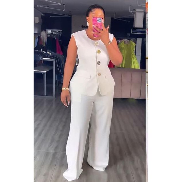 Sleeveless Button Front Vest Blazer & Wide Leg Pants