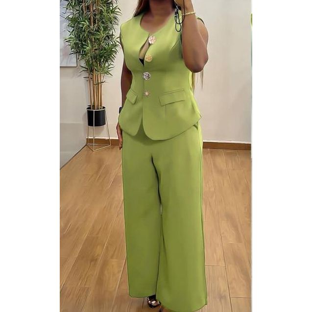 Sleeveless Button Front Vest Blazer & Wide Leg Pants