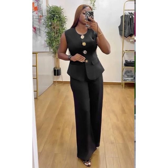 Sleeveless Button Front Vest Blazer & Wide Leg Pants