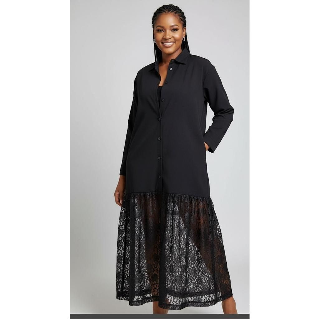 Belted shirt-dress with lace hem