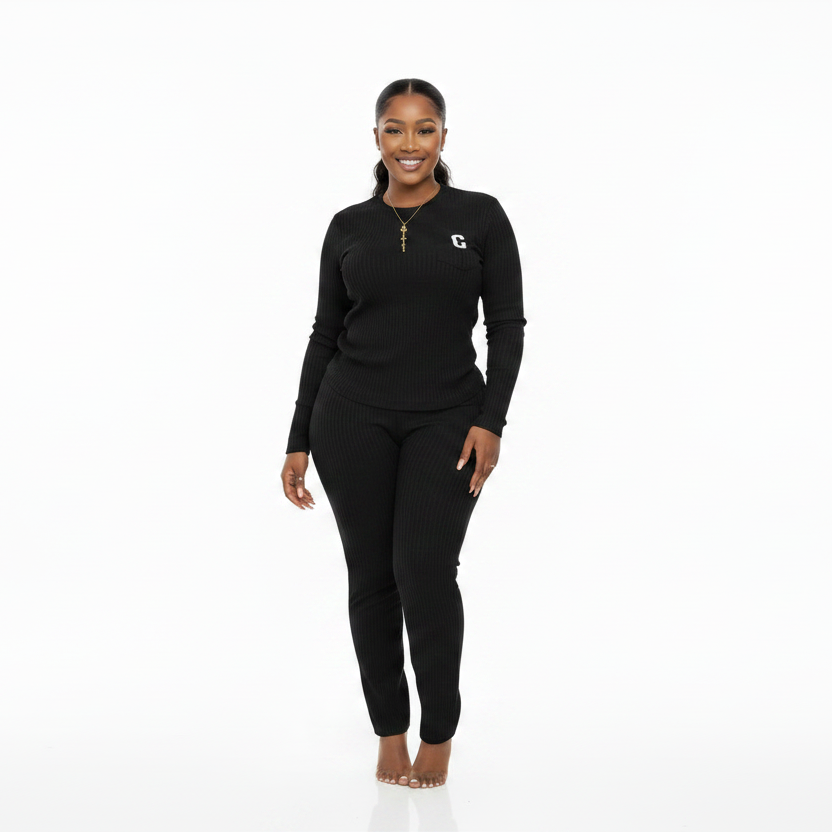 Comfortable Round Neck Ribbed Knitted Plain Colour Long-sleeved Set