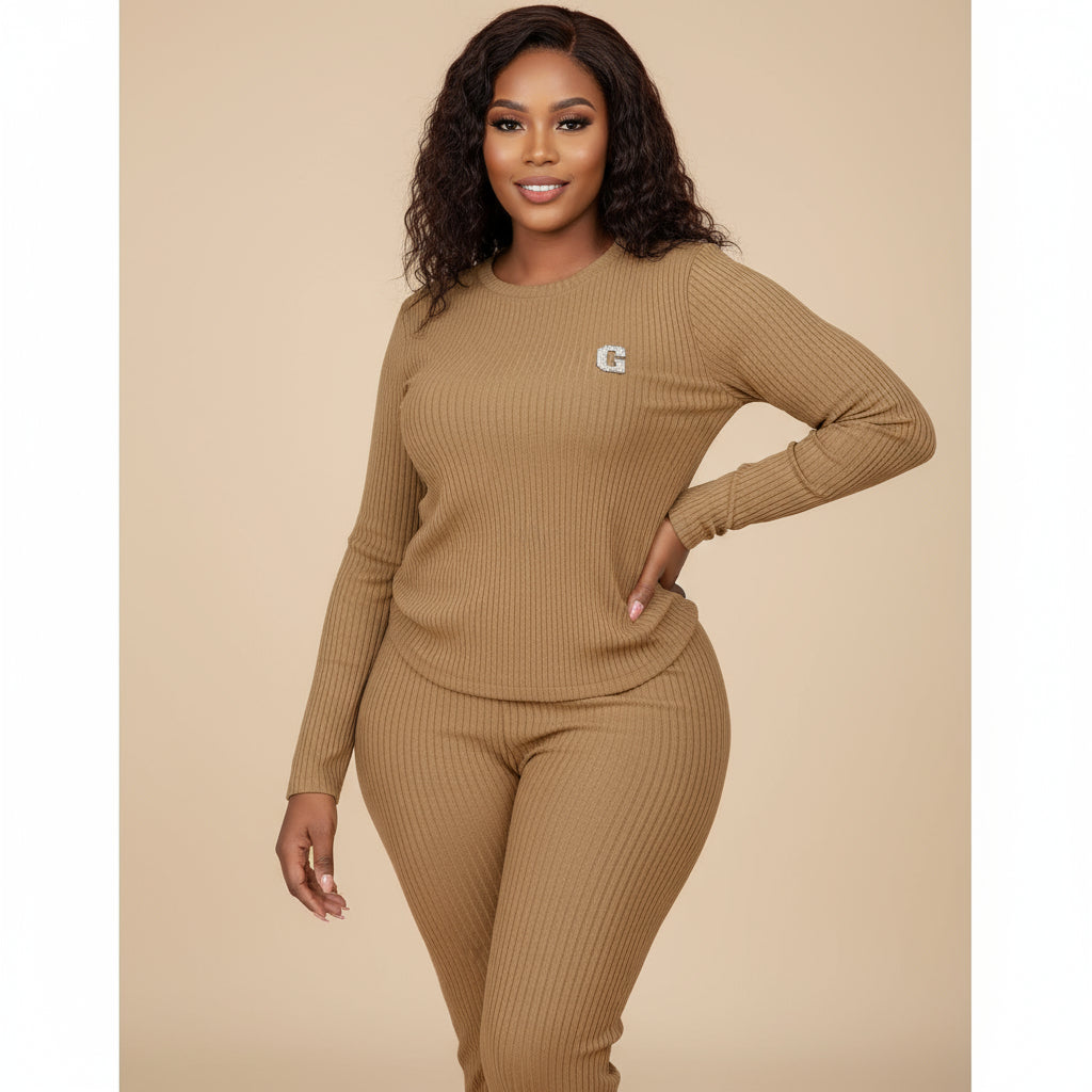 Comfortable Round Neck Ribbed Knitted Plain Colour Long-sleeved Set