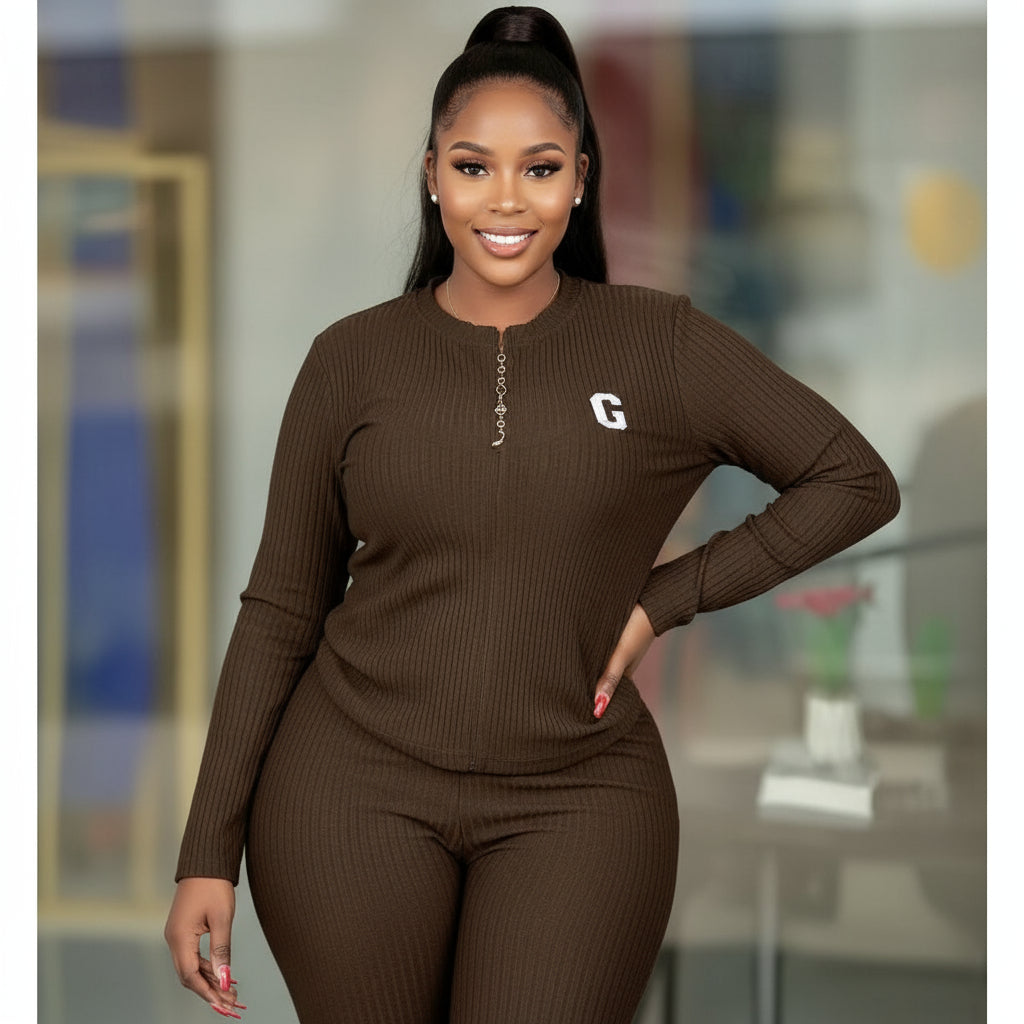 Comfortable Round Neck Ribbed Knitted Plain Colour Long-sleeved Set