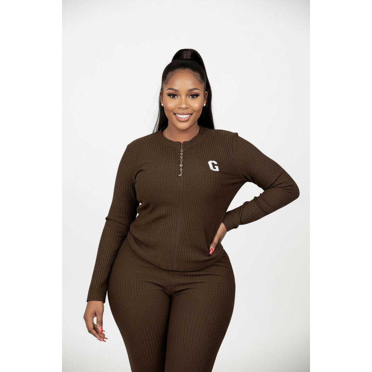 Ribbed Knit Long-Sleeve 2-Piece Set