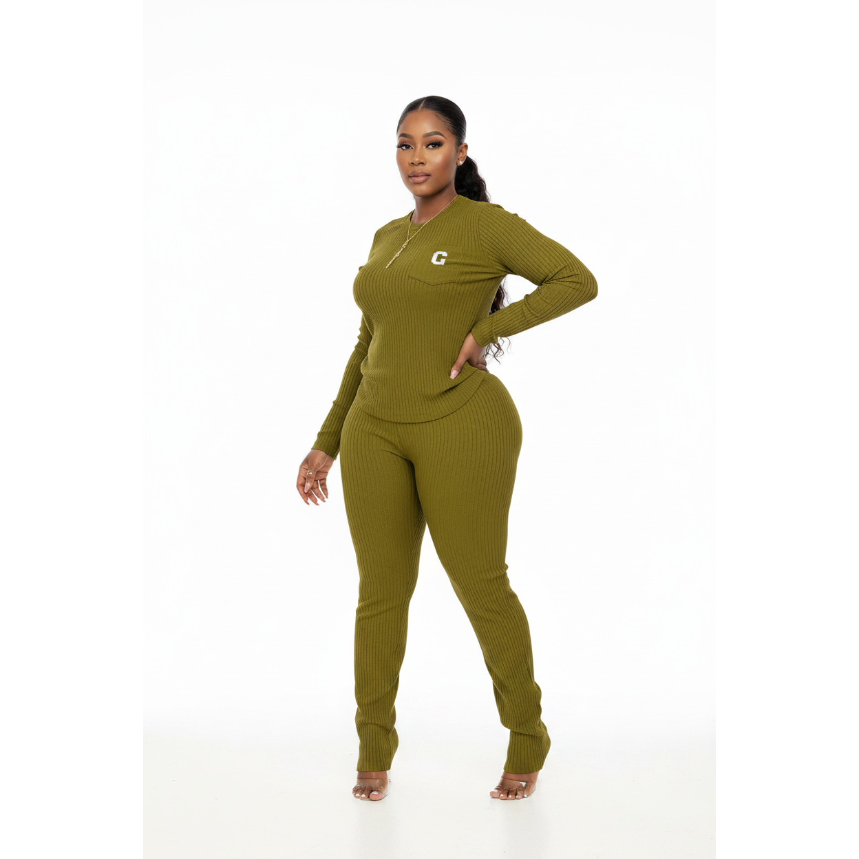 Comfortable Round Neck Ribbed Knitted Plain Colour Long-sleeved Set