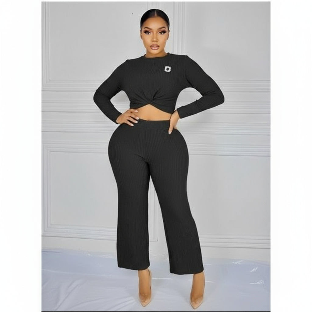 Comfortable Round Neck Ribbed Knitted Plain Colour Long-sleeved Set