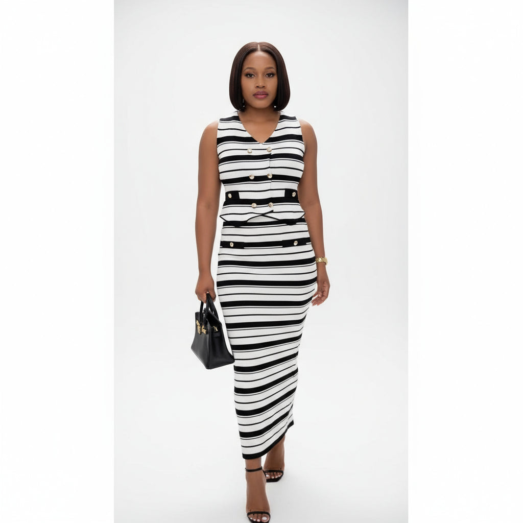 Elegant Striped Button Design Knitting Skirt Set 2 Piece Set