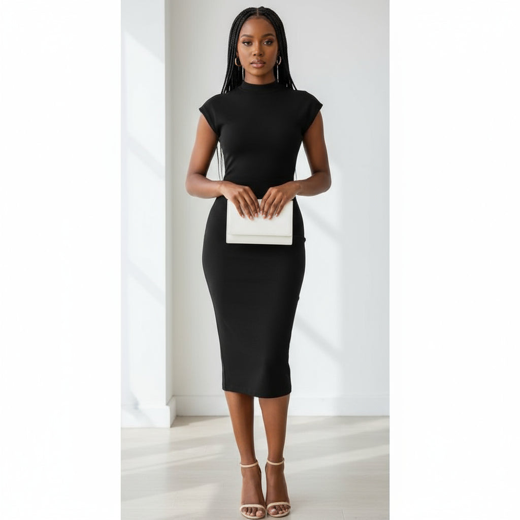 Woman in a black dress holding a white clutch in a room with a mirror.