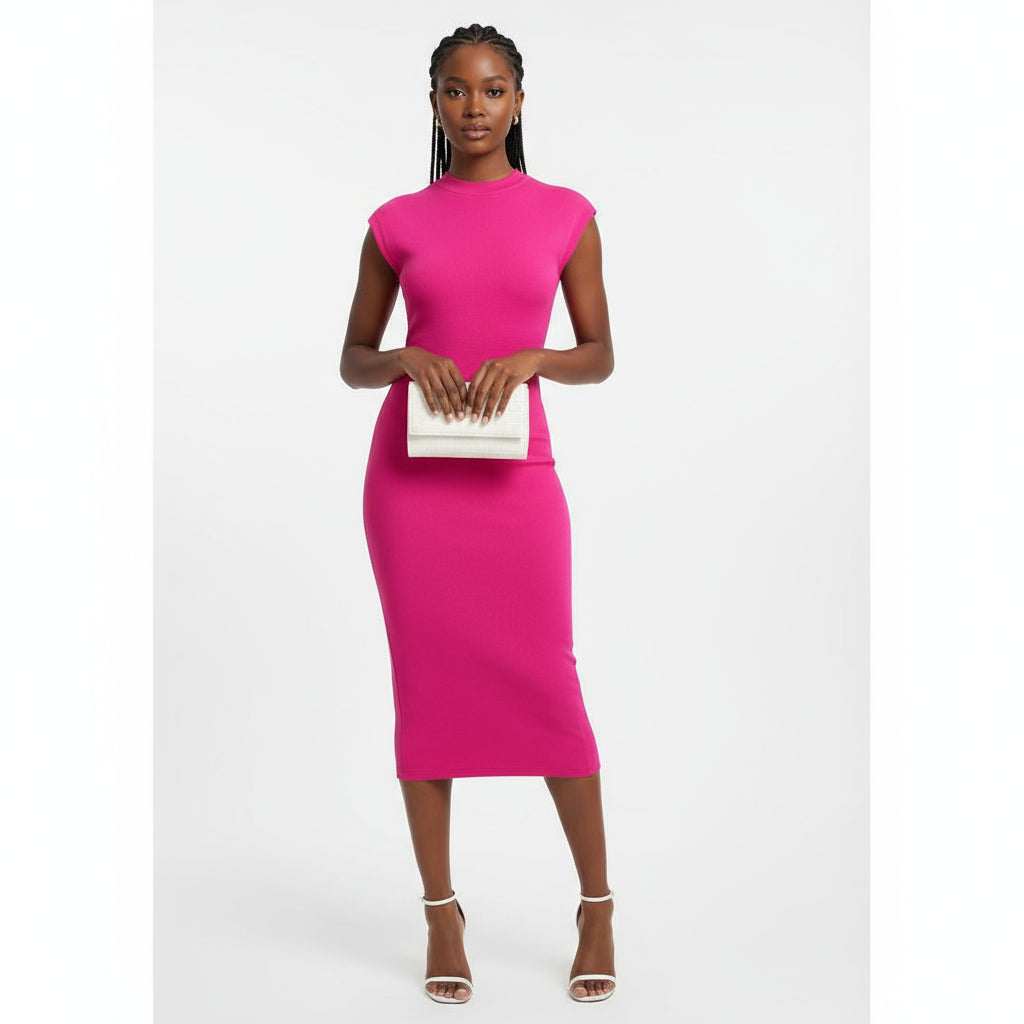 Woman in a bright pink dress holding a white clutch in an elegant interior setting.