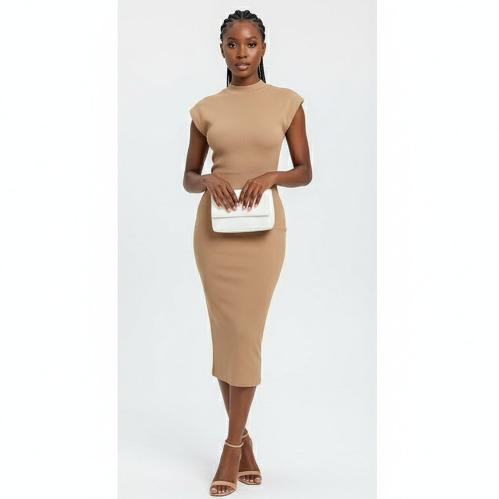 Woman in a beige dress holding a white clutch in a room with a mirror.