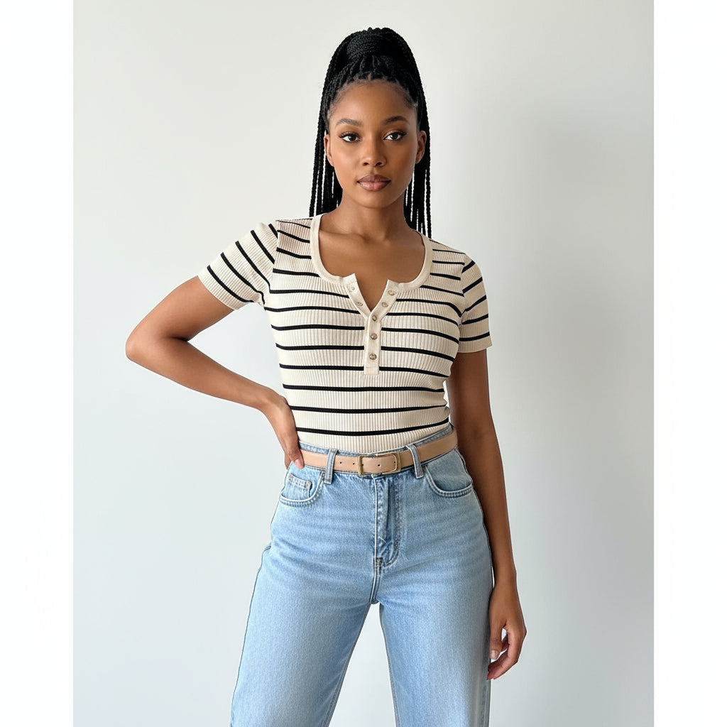 Person wearing a striped top and holding a phone, with a plain background