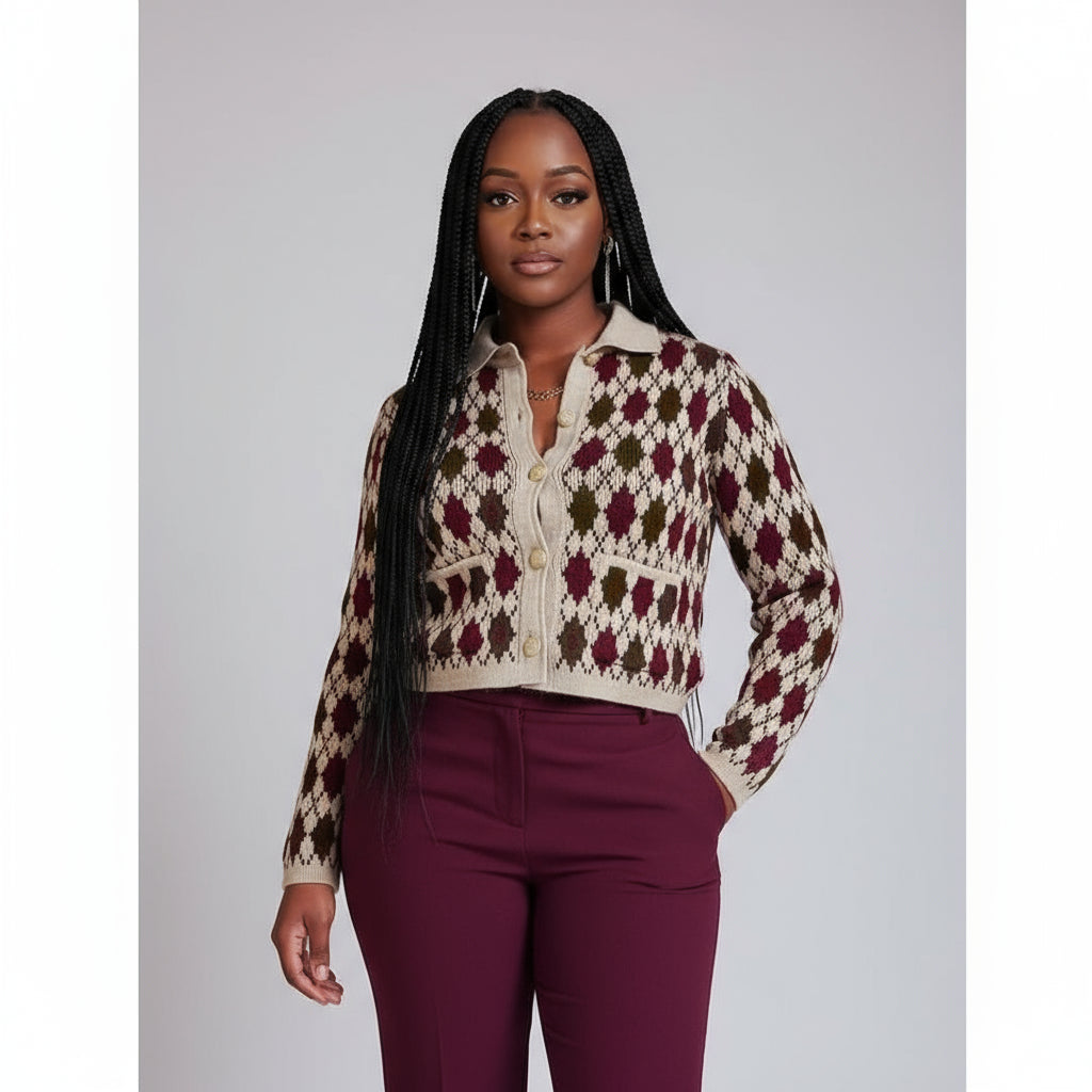 Woman wearing a patterned cardigan against a neutral background