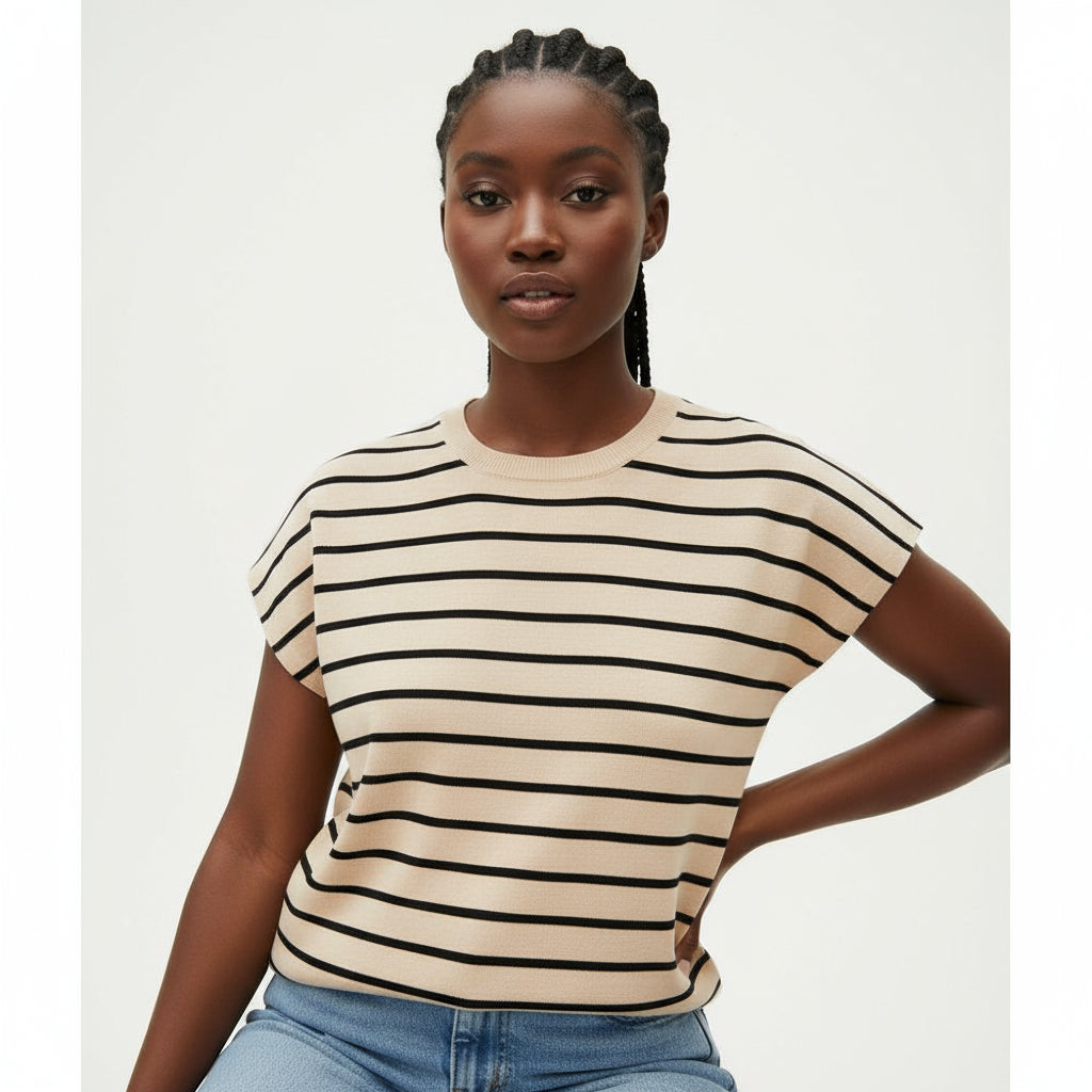 Person wearing a striped shirt and jeans sitting on a couch.