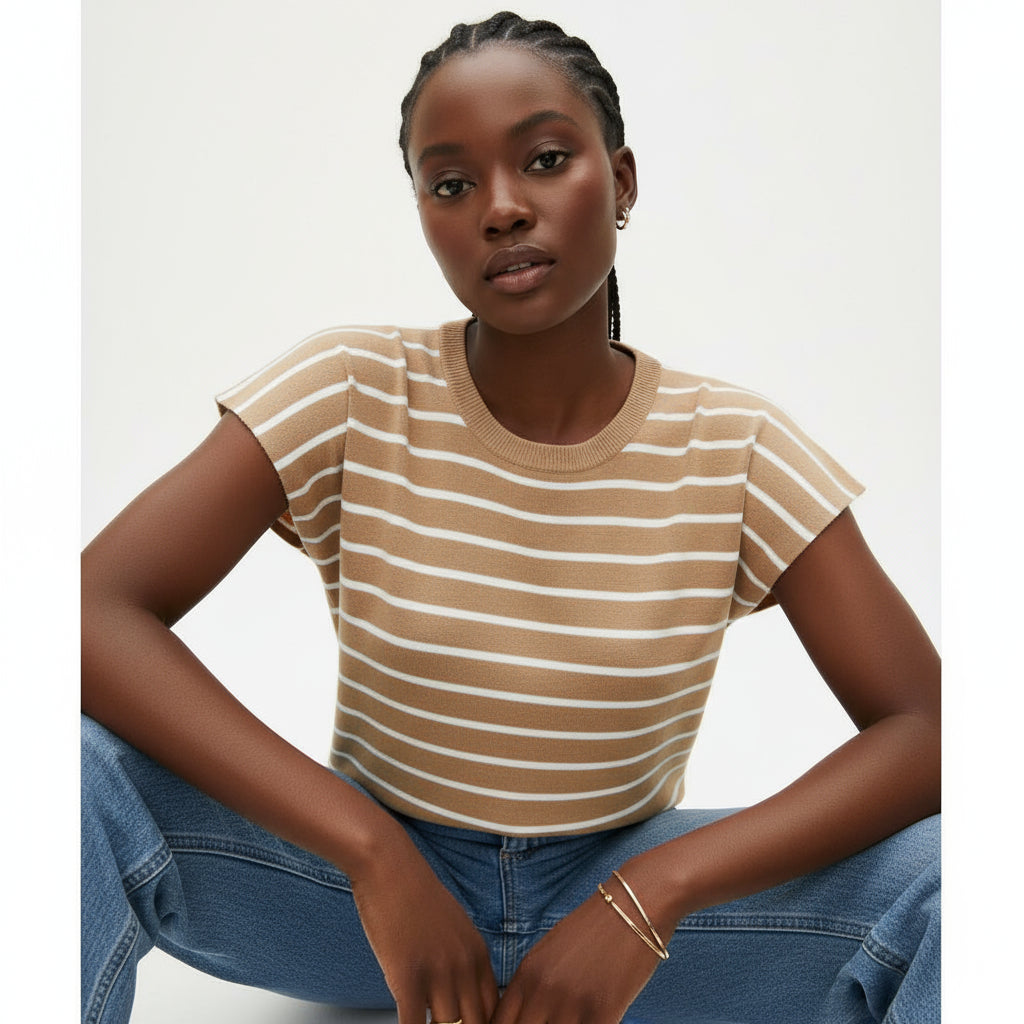 Person wearing a beige and white striped shirt and blue jeans, sitting on a couch.