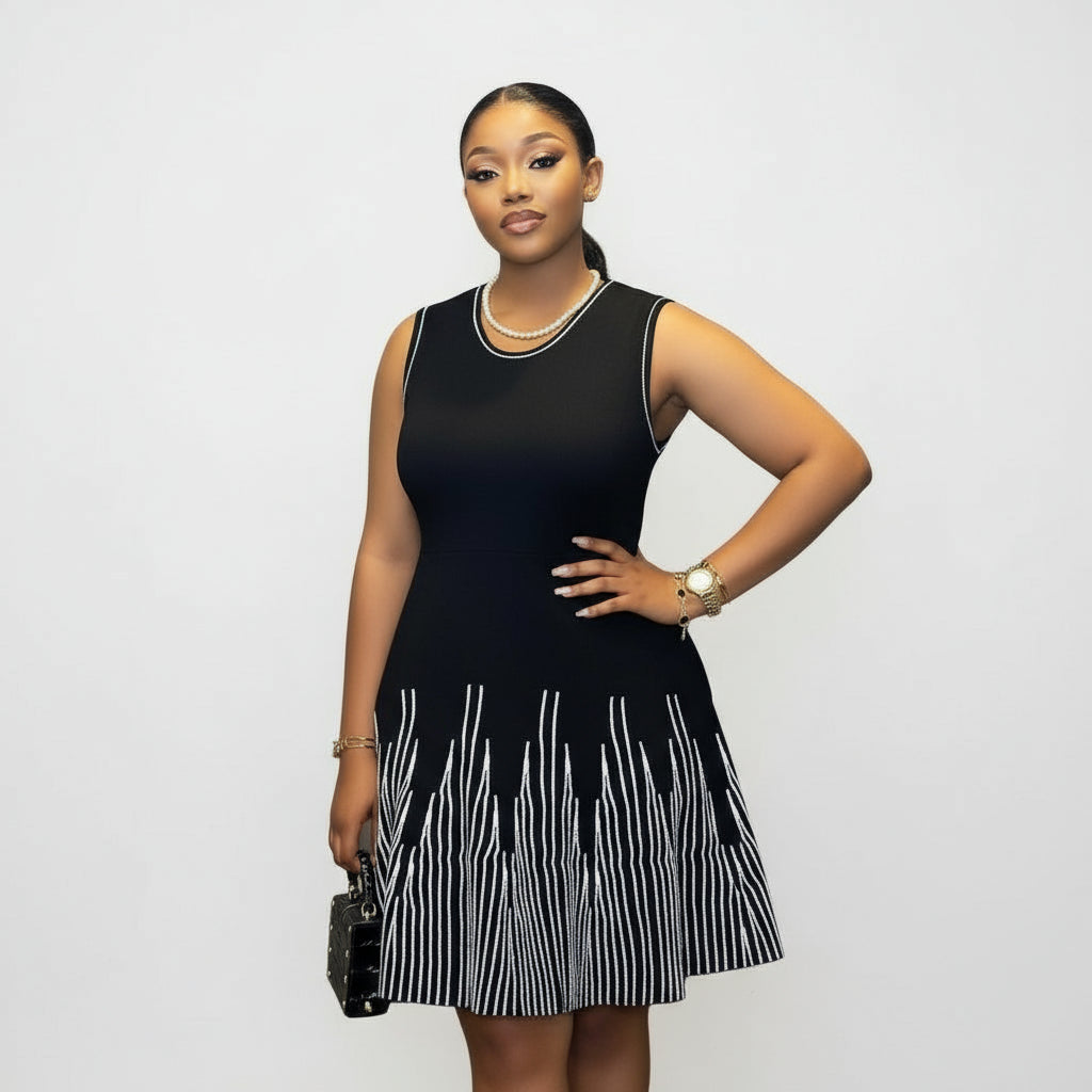 Woman wearing a black dress with white stripes on a gray background