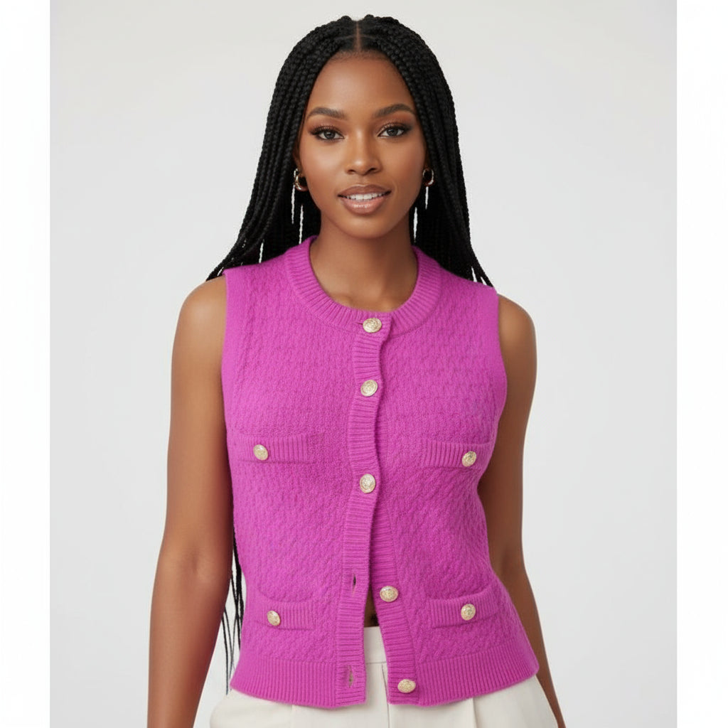 Woman wearing a bright pink sleeveless vest with sunglasses and a black handbag.