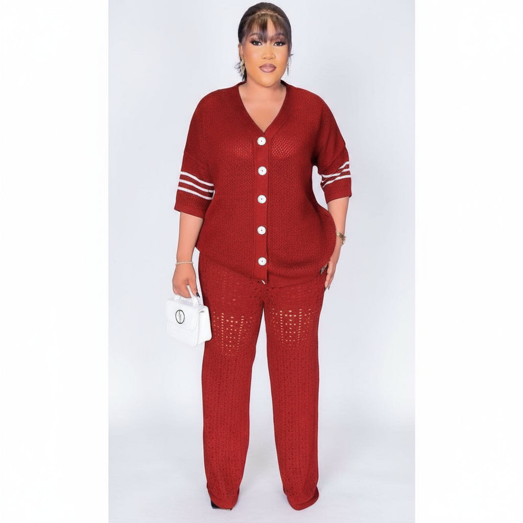 3/4 Sleeve Front Button Top and Trousers 2 Piece Set