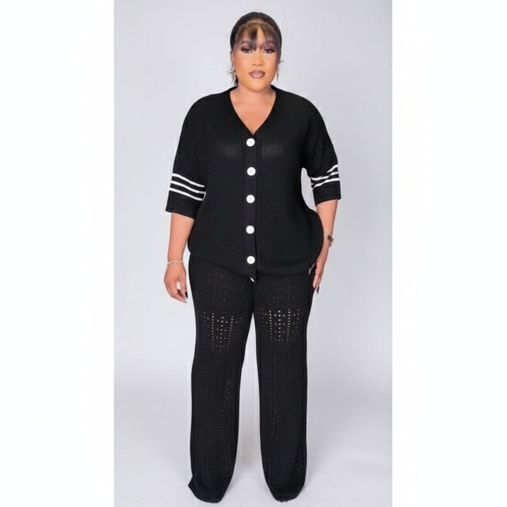 3/4 Sleeve Front Button Top and Trousers 2 Piece Set