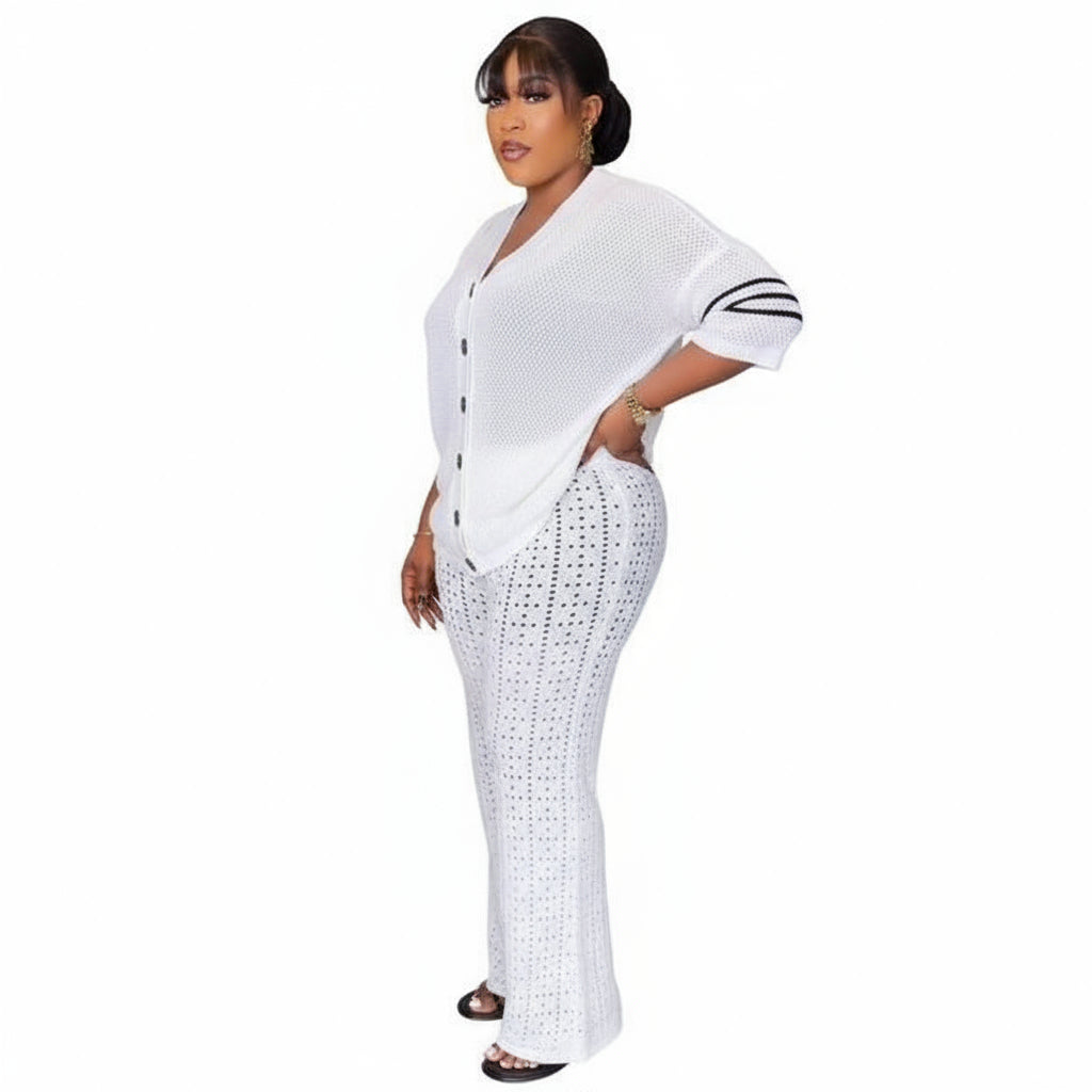 3/4 Sleeve Front Button Top and Trousers 2 Piece Set