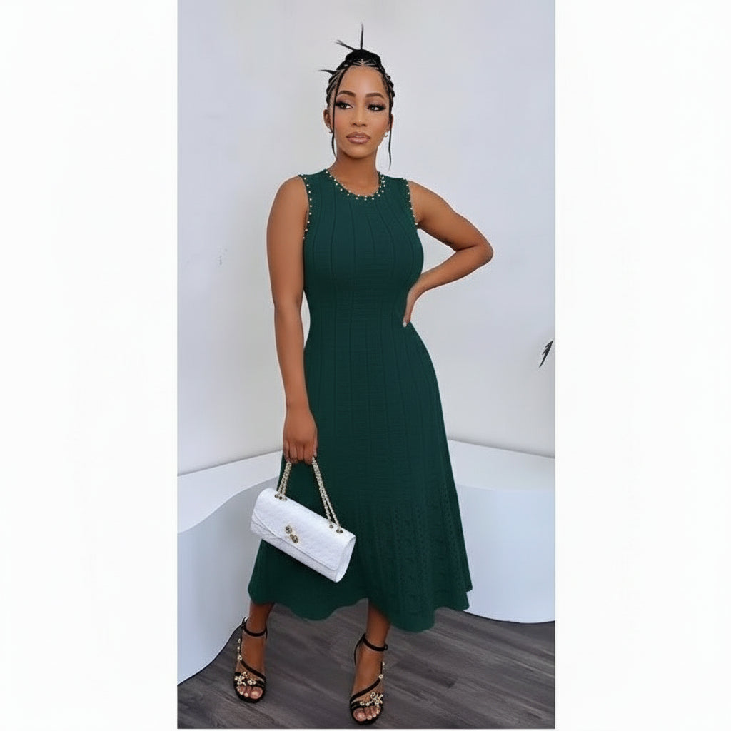 Sleeveless Elegant Pleated Slim A-Line Maxi Dress