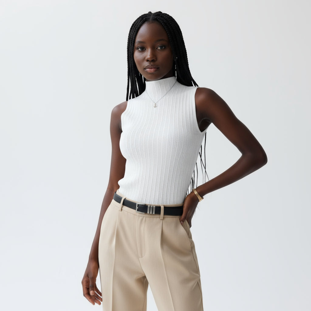 Person wearing a sleeveless ribbed top with a plain background