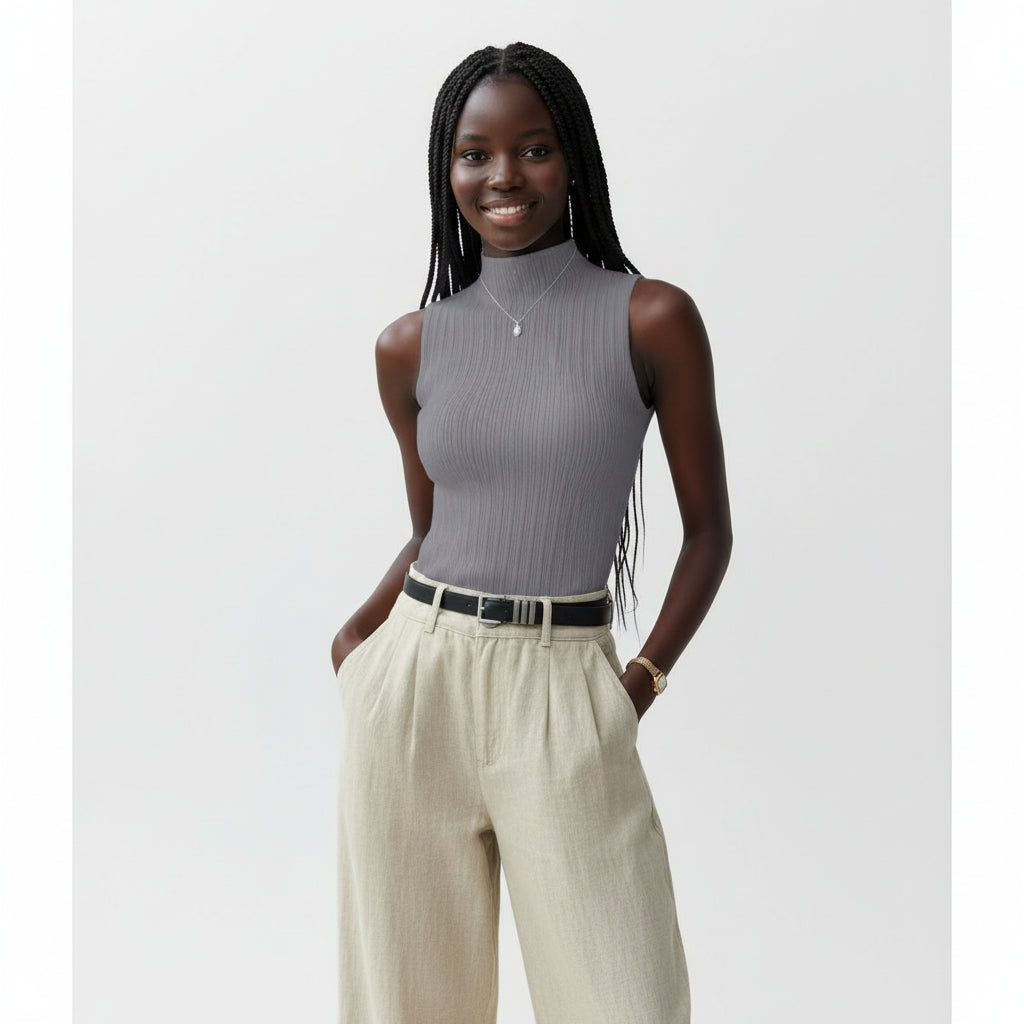 Person wearing a gray sleeveless ribbed top against a plain background