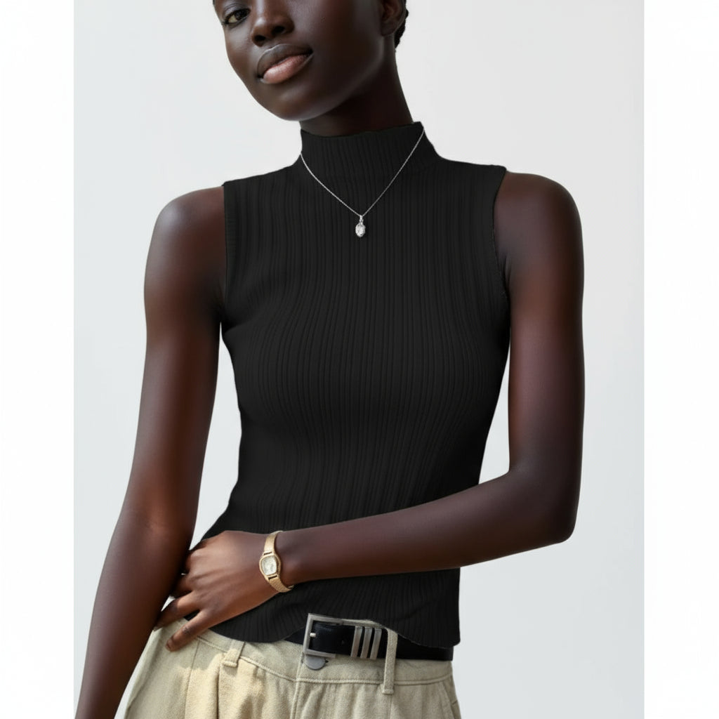 Person wearing a black sleeveless top with a plain background