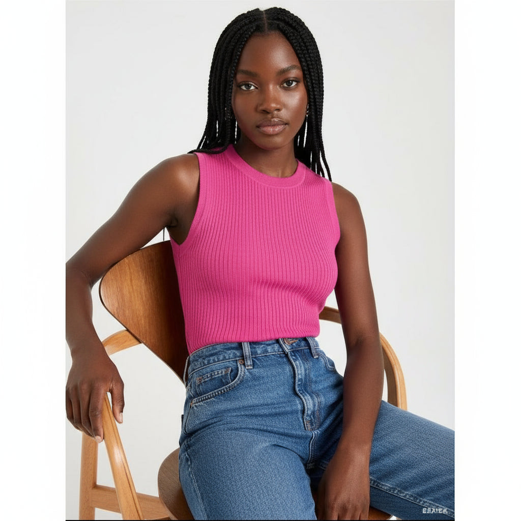 Person wearing a bright pink sleeveless top and blue jeans sitting on a wooden chair.
