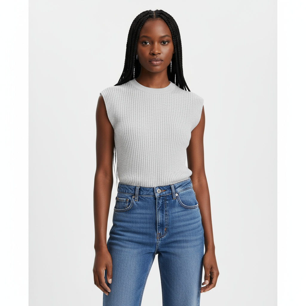 Person wearing a white ribbed top and blue jeans sitting on a wooden chair.