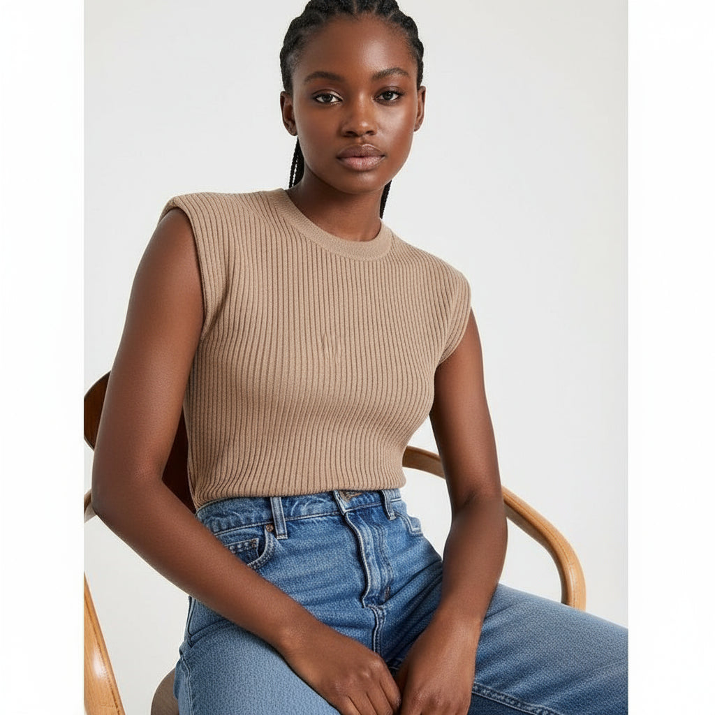 Person wearing a brown ribbed top and blue jeans sitting on a wooden chair.