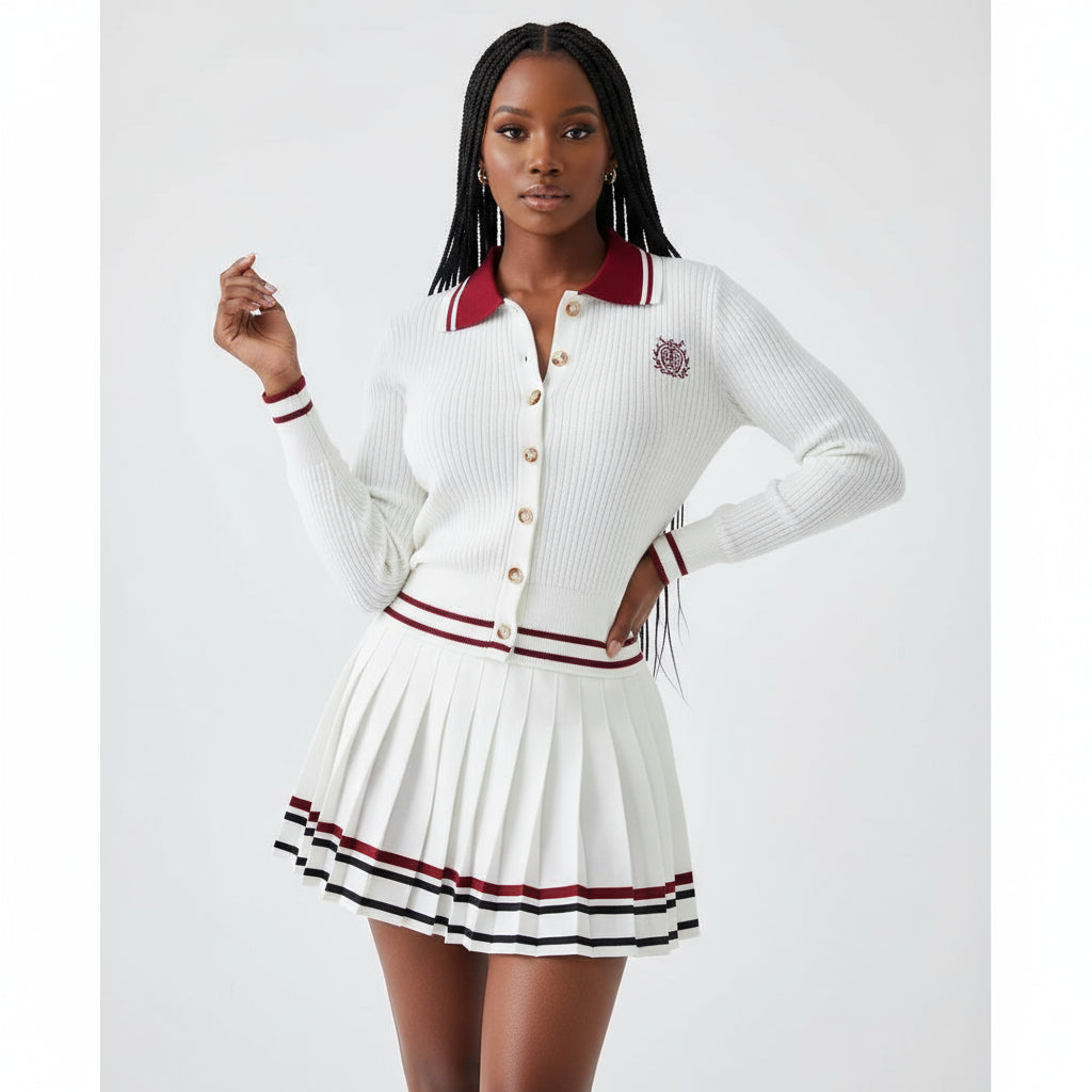 Woman wearing a white cardigan and pleated skirt with red accents in a minimalistic room.