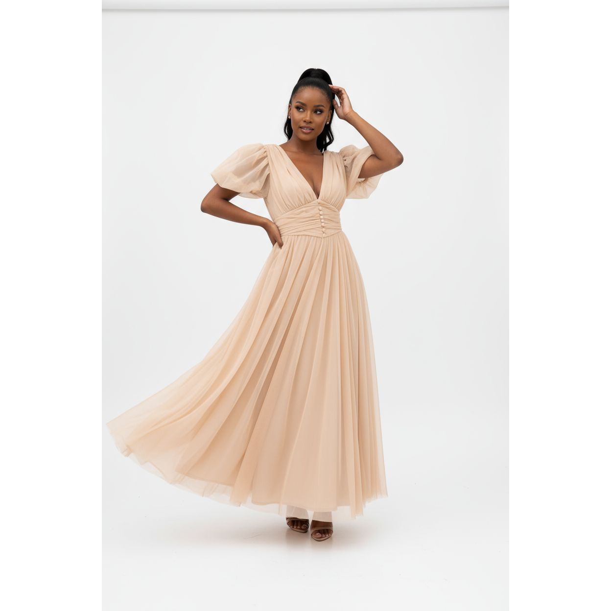 Puffy Sleeve Prom Dresses for Women Dotted Tulle V Neck Formal Evening Party