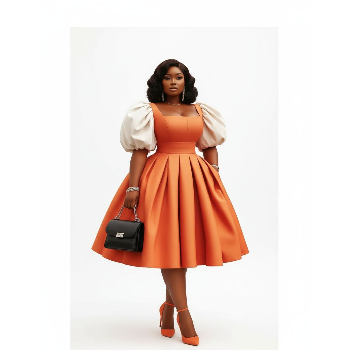 Square Neck Pleated Elegant Puff Sleeve Midi Dress
