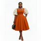Square Neck Pleated Elegant Puff Sleeve Midi Dress