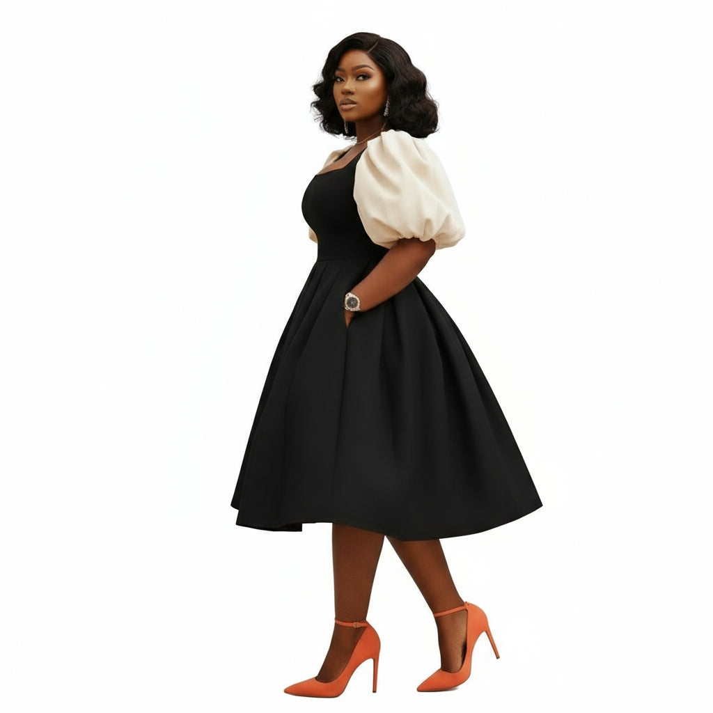 Square Neck Pleated Elegant Puff Sleeve Midi Dress
